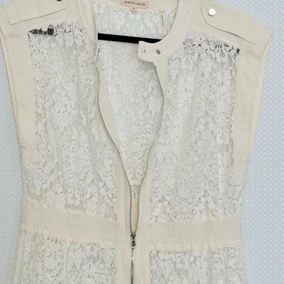 Rebecca Taylor white Lace Zip Front Dress A-line Cap Sleeve Button Snaps Size 10 - Picture 8 of 8